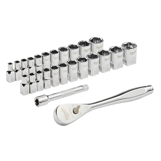 Juego de trinquete con boca de 1/4" y cubos SAE, 25 piezas con CUATRO CARAS PLANAS