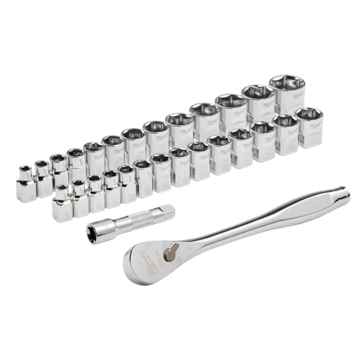 Juego de trinquete con boca de 3/8" y cubos SAE, 29 piezas con CUATRO CARAS PLANAS