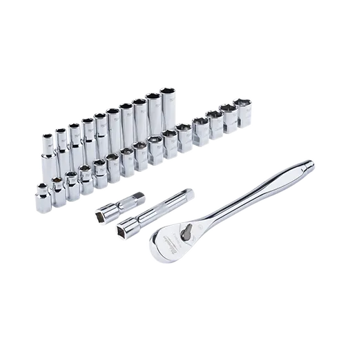 Juego de carraca y vasos métricos de 28 piezas de 1/2" con cuatro caras FLAT™.