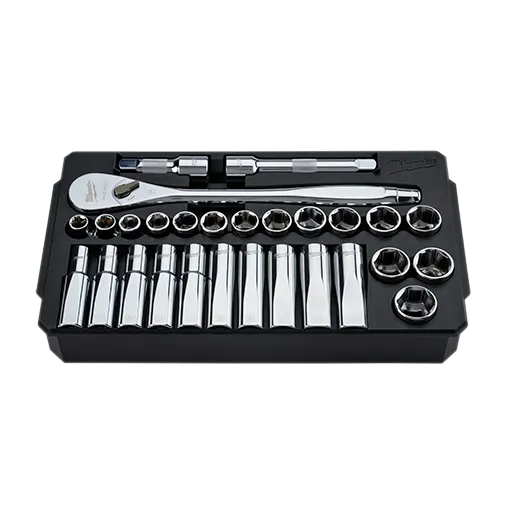 Juego de carraca y vasos métricos de 28 piezas de 1/2" con cuatro caras FLAT™.