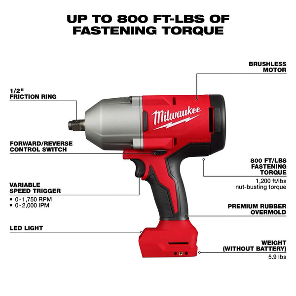 Llave de impacto de torque alto M18™ sin escobillas de 1/2" con anillo de fricción 2666-20