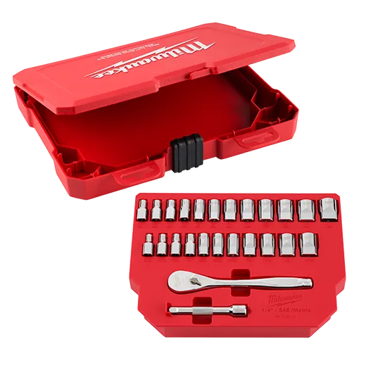 Juego de trinquete con boca de 1/4" y cubos SAE, 25 piezas con CUATRO CARAS PLANAS