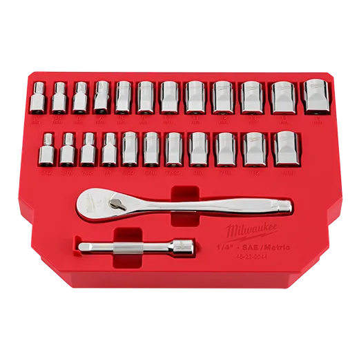 Juego de trinquete con boca de 1/4" y cubos SAE, 25 piezas con CUATRO CARAS PLANAS