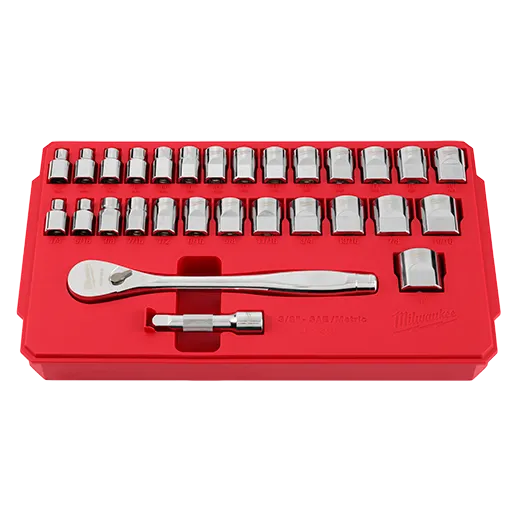 Juego de trinquete con boca de 3/8" y cubos SAE, 29 piezas con CUATRO CARAS PLANAS