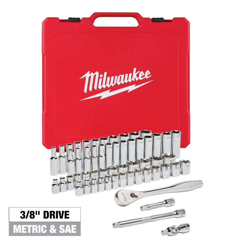 Juego de dados y trinquete de 56 piezas con impulsor de 3/8" - SAE y métrico 48-22-9008