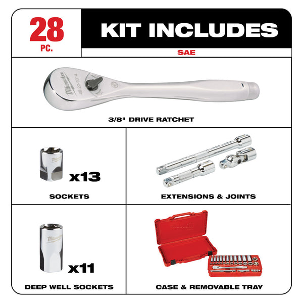 Juego de dados y trinquete de 28 piezas con cuadro de 3/8" - SAE 48-22-9408