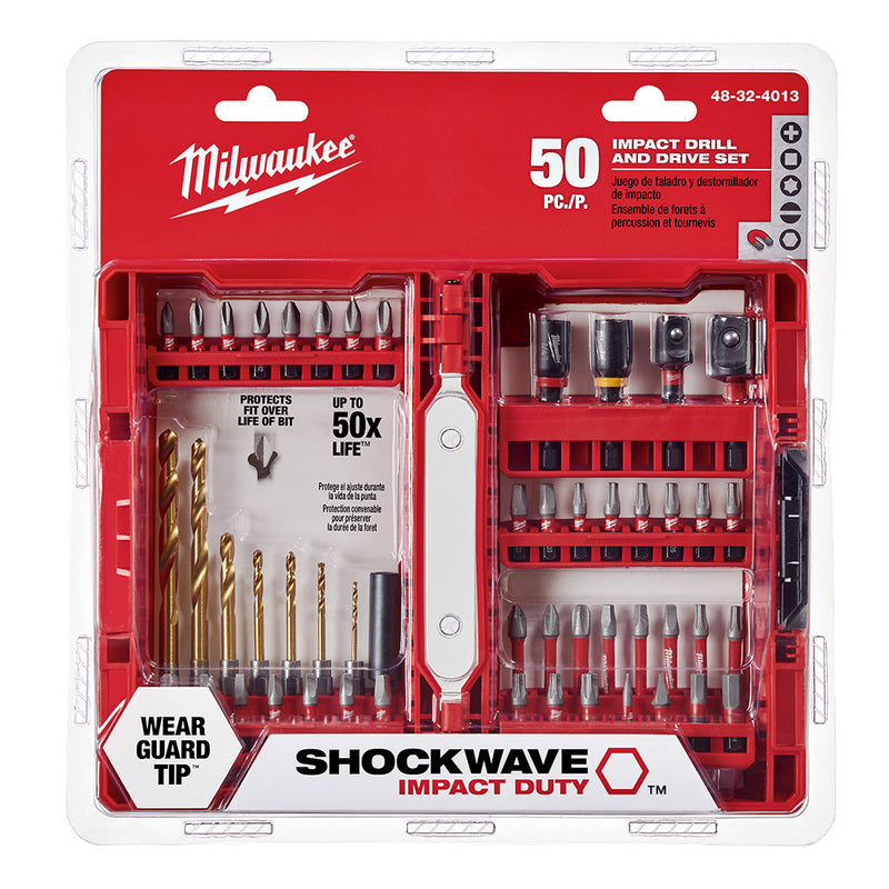 JUEGO DE TALADRO Y ATORNILLADOR DE IMPACTO SHOCKWAVE DE 50 PIEZAS 48-32-4013